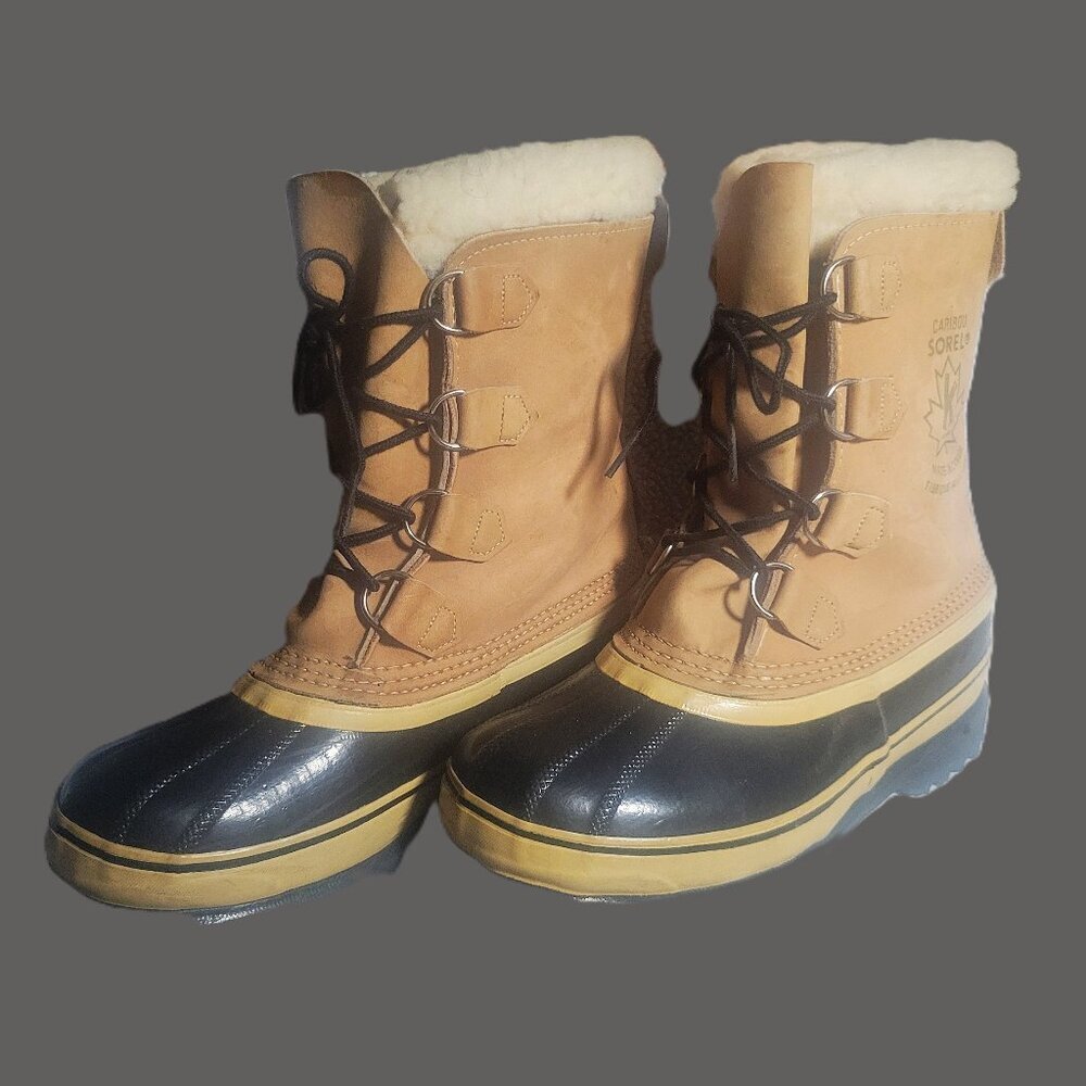 Sorel Men's Caribou Waterproof Boots Black/Tan Rubber & Leather Upper - M7/W8.5 - Picture 1 of 10